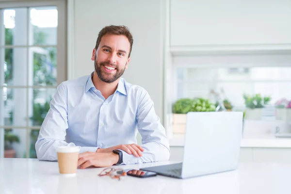 Handsome Man Working Using Computer Laptop Drinking Cup Coffee Happy — Stock Photo, Image