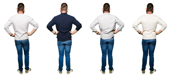Collage of young man with bun over white isolated background standing backwards looking away with arms on body