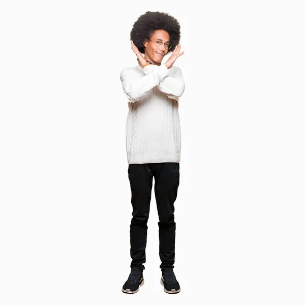 Young African American Man Afro Hair Wearing Glasses Rejection Expression — Stock Photo, Image
