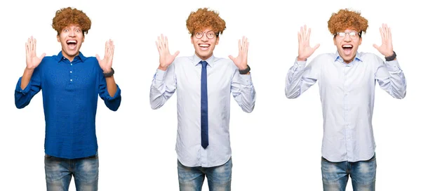 Collage Giovani Bussines Uomo Con Capelli Ricci Indossando Occhiali Sfondo — Foto Stock