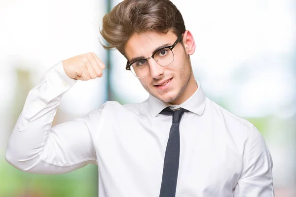 Jonge Zakenman Bril Sterke Persoon Geïsoleerde Achtergrond Weergegeven Arm Spieren — Stockfoto