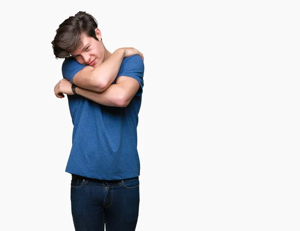 Mladý Pohledný Muž Který Nosí Modré Tričko Izolovaném Pozadí Přitom — Stock fotografie