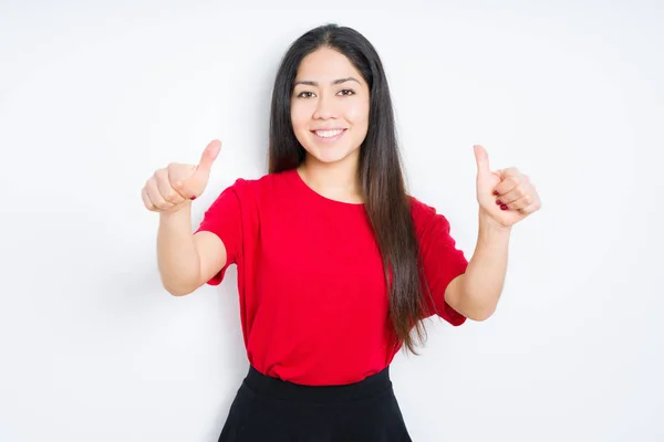 Beautiful Brunette Woman Wearing Red Shirt Isolated Background Approving Doing — Stock Photo, Image