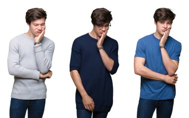 Beyaz izole arka plan düşünme seyir yorgun ve bıkkın ile depresyon sorunları karşılıklı silah olan genç adam kolaj.