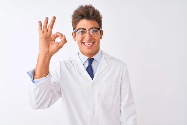 Young Handsome Sciencist Man Wearing Glasses Coat Isolated White Background — Stock Photo, Image