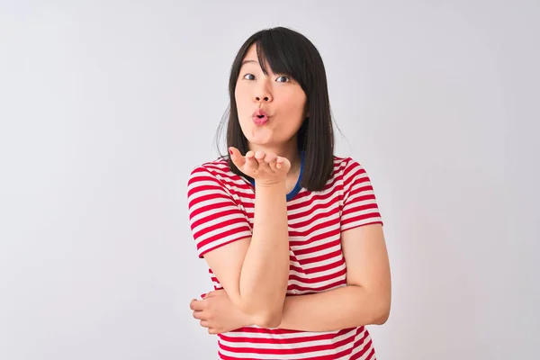 Young Beautiful Chinese Woman Wearing Red Striped Shirt Isolated White — Stock Photo, Image