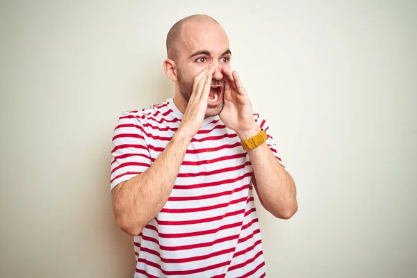 Young Bald Man Beard Wearing Casual Striped Red Shirt White — Stock Photo, Image