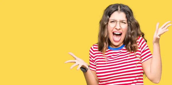 Young Beautiful Woman Wearing Glasses Celebrating Crazy Amazed Success Arms — Stock Photo, Image