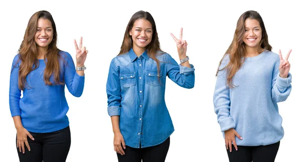 Collage Smuk Ung Kvinde Isoleret Baggrund Viser Peger Med Fingrene - Stock-foto