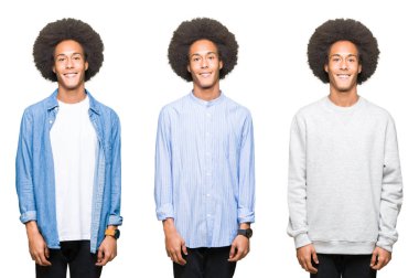 Yüzünde mutlu ve güzel bir gülümseme ile beyaz izole arka plan üzerinde afro saçlı Genç adam kolaj. Şanslı kişi.