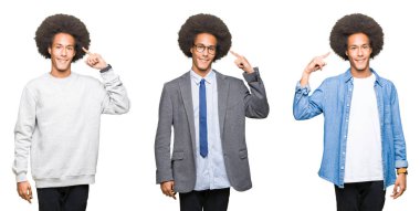 Beyaz izole arka plan üzerinde afro saçlı genç adamın kolaj tek parmak, harika bir fikir ya da düşünce, iyi bellek ile baş işaret gülümseyerek