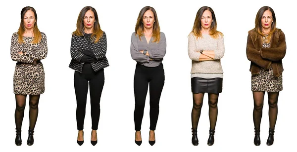 Collage Mujer Elegante Mediana Edad Sobre Fondo Blanco Aislado Escéptico — Foto de Stock