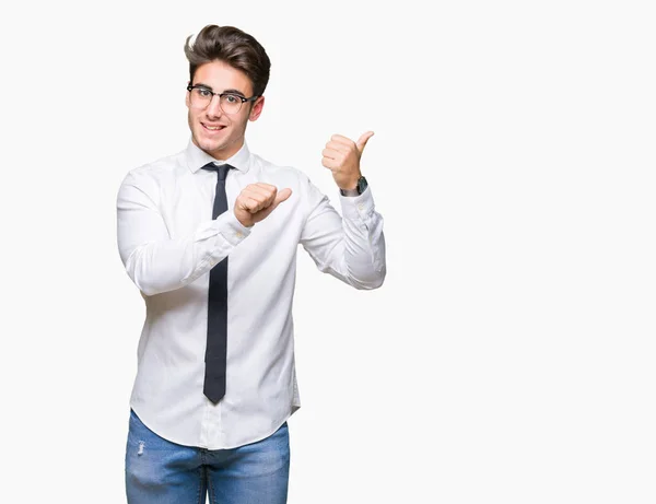 Young Business Man Wearing Glasses Isolated Background Pointing Back Hand — Stock Photo, Image