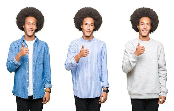 Коллаж Молодого Человека Афроволосами Белом Изолированном Фоне Делающего Счастливый Жест — стоковое фото