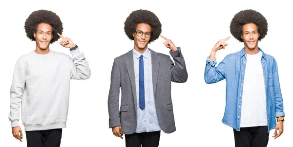 Colagem Jovem Com Cabelo Afro Sobre Fundo Branco Isolado Sorrindo — Fotografia de Stock