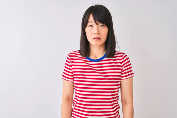 Young Beautiful Chinese Woman Wearing Red Striped Shirt Isolated White — Stock Photo, Image