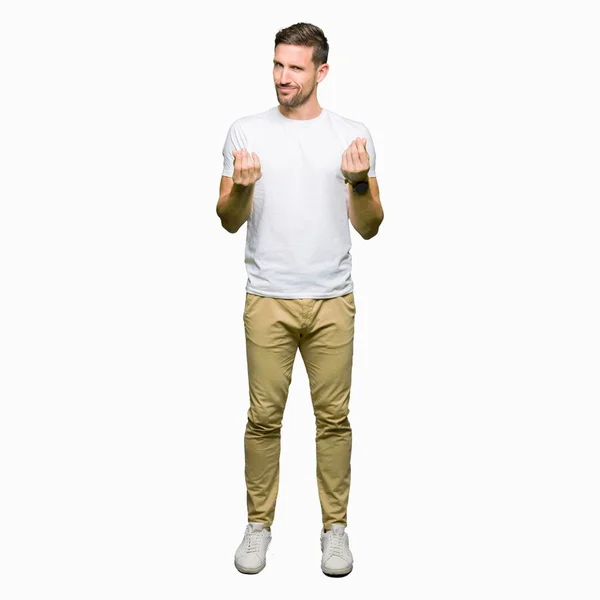 Όμορφος Άνδρας Φορώντας Περιστασιακή Λευκό Shirt Κάνει Χρήματα Χειρονομία Χέρι — Φωτογραφία Αρχείου