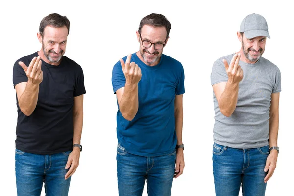 Collage Stilig Senior Man Över Vit Isolerade Bakgrund Vinkade Komma — Stockfoto