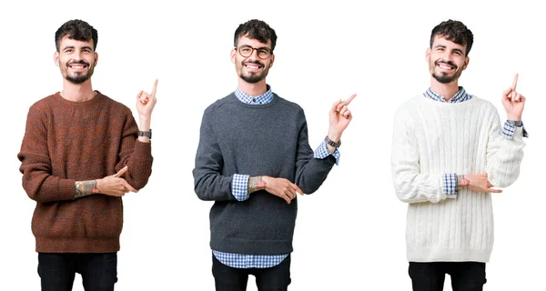 Colagem Jovem Vestindo Uma Camisola Sobre Fundo Isolado Com Grande — Fotografia de Stock