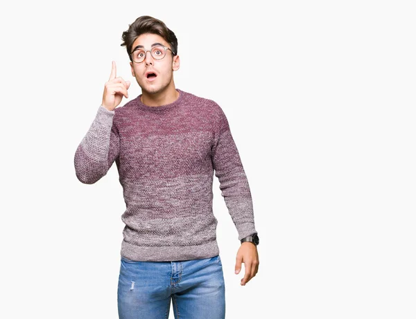 Joven Hombre Guapo Con Gafas Sobre Fondo Aislado Apuntando Con — Foto de Stock