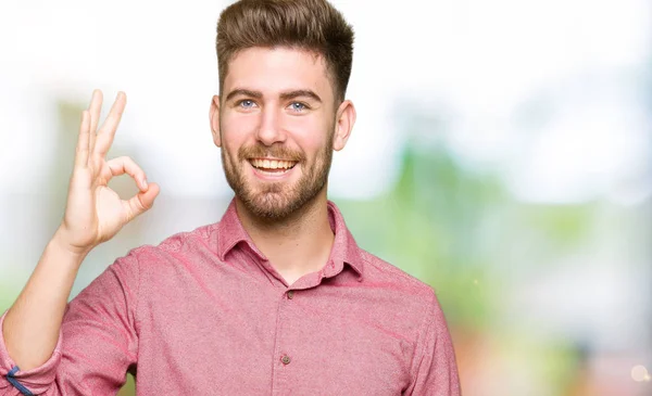 Genç Yakışıklı Casual Adam Parmaklar Işaretiyle Yapıyor Olumlu Gülümseyerek Başarılı — Stok fotoğraf