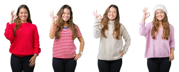 Collage Van Mooie Jonge Vrouw Geïsoleerde Achtergrond Glimlachend Positieve Doen — Stockfoto