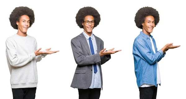 Collage Joven Con Pelo Afro Sobre Fondo Blanco Aislado Señalando —  Fotos de Stock