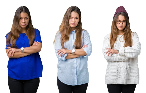 Collage Hermosa Joven Sobre Fondo Aislado Escéptico Nervioso Desaprobando Expresión —  Fotos de Stock