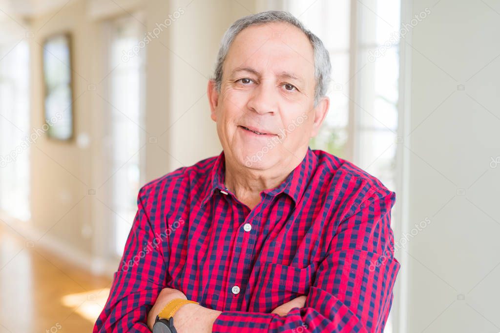 Close up of handsome senior man at home happy face smiling with crossed arms looking at the camera. Positive person.