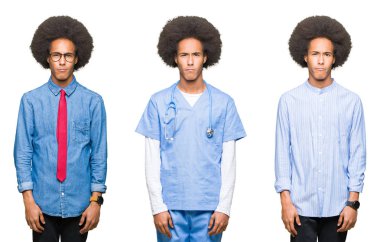 Beyaz izole arka plan üzerinde afro saç ile genç adam kolaj şüpheci ve sinir, sorun nedeniyle üzgün çatık. Negatif kişi.
