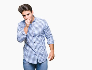 Genç yakışıklı iş adamı hasta ve soğuk veya bronşit için semptom olarak öksürük duygu izole arka plan üzerinde. Sağlık kavramı.