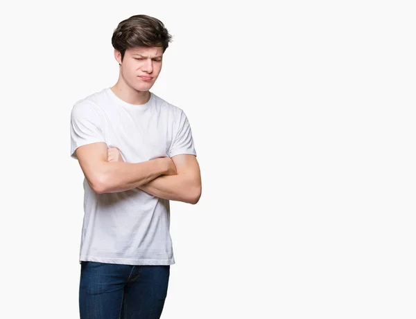 Mladý Pohledný Muž Nosí Ležérní Bílé Tričko Izolované Pozadí Skeptik — Stock fotografie