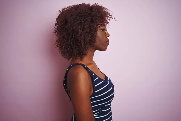 Young African Afro Woman Wearing Striped Shirt Glasses Isolated Pink — Stock Photo, Image