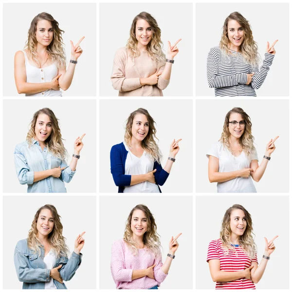 Collage Young Beautiful Blonde Girl Isolated Background Big Smile Face — Stock Photo, Image