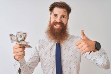 Genç Redhead İrlandalı işadamı tutan dolar izole beyaz arka plan üzerinde ayakta büyük gülümseme ile ok işareti, başparmak yukarı parmaklar, mükemmel işareti yapıyor