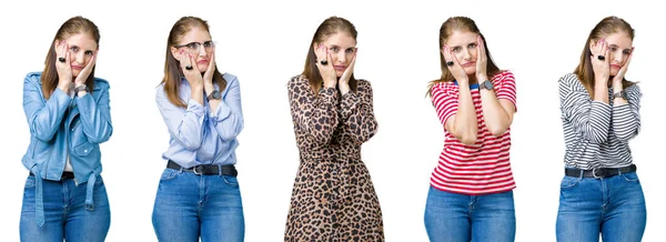 Collage Hermosa Mujer Mediana Edad Sobre Fondo Aislado Las Manos —  Fotos de Stock