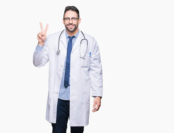 Guapo Joven Doctor Hombre Sobre Aislado Fondo Mostrando Señalando Hacia — Foto de Stock