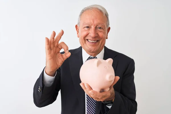 Senior Grey Haired Zakenman Holding Piggy Bank Staande Geïsoleerde Witte — Stockfoto