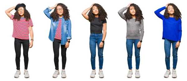 Collage Hermosa Mujer Joven Con Pelo Rizado Sobre Fondo Blanco — Foto de Stock