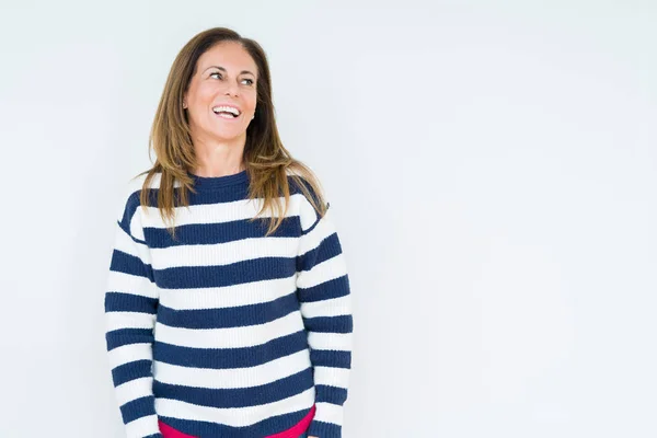 Schöne Frau Mittleren Alters Marineblauem Pullover Über Isoliertem Hintergrund Die — Stockfoto