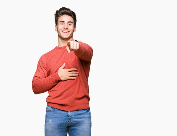 Jonge Knappe Man Geïsoleerd Background Lachend Van Wijzend Naar Camera — Stockfoto