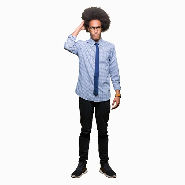 Young African American Business Man Afro Hair Wearing Glasses Confuse — Stock Photo, Image