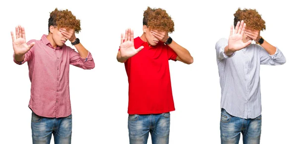 Collage Eines Jungen Geschäftsmannes Mit Lockigem Haar Vor Isoliertem Weißem — Stockfoto