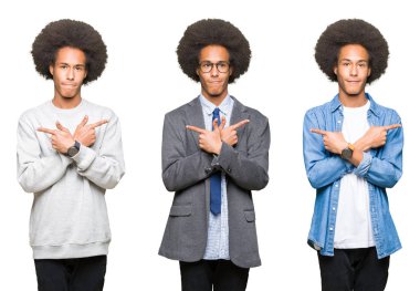 Beyaz izole arka plan üzerinde afro saçlı genç adamın kolaj parmakları ile her iki tarafa işaret, farklı yönde katılmıyorum