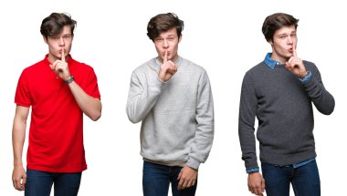 Dudaklarında parmak ile sessiz olmanı beyaz izole arka plan üzerinde genç adam kolaj. Sessizlik ve gizli kavramı.