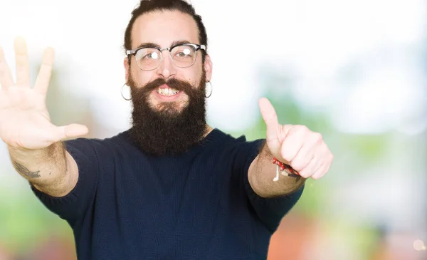 Young Hipster Man Long Hair Beard Wearing Glasses Showing Pointing — Stock Photo, Image