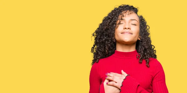 Young Beautiful Woman Curly Hair Smiling Hands Chest Closed Eyes — Stock Photo, Image