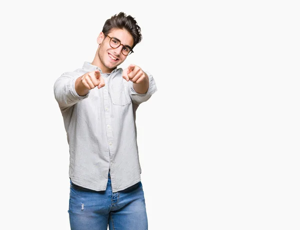 Młody Przystojny Mężczyzna Noszenie Okularów Białym Tle Tła Pointing Ciebie — Zdjęcie stockowe