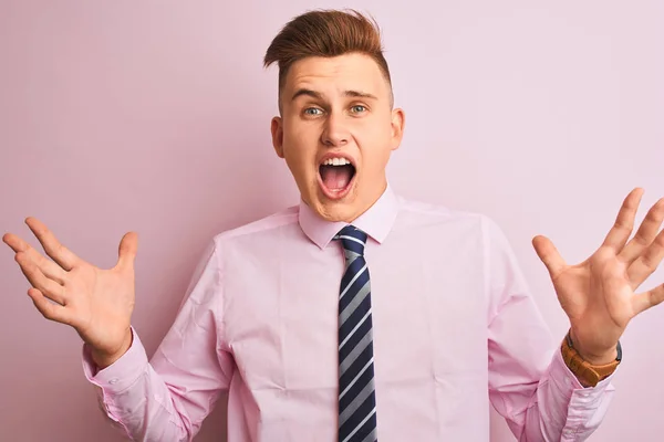 Young Handsome Businessman Wearing Shirt Tie Standing Isolated Pink Background — Stock Photo, Image