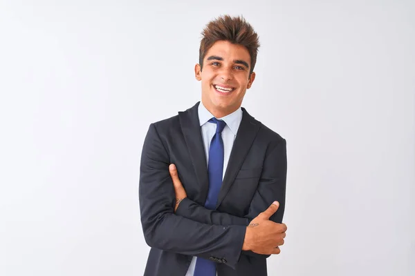 Fiatal Jóképű Üzletember Öltönyt Áll Elszigetelt Fehér Háttér Boldog Arc — Stock Fotó